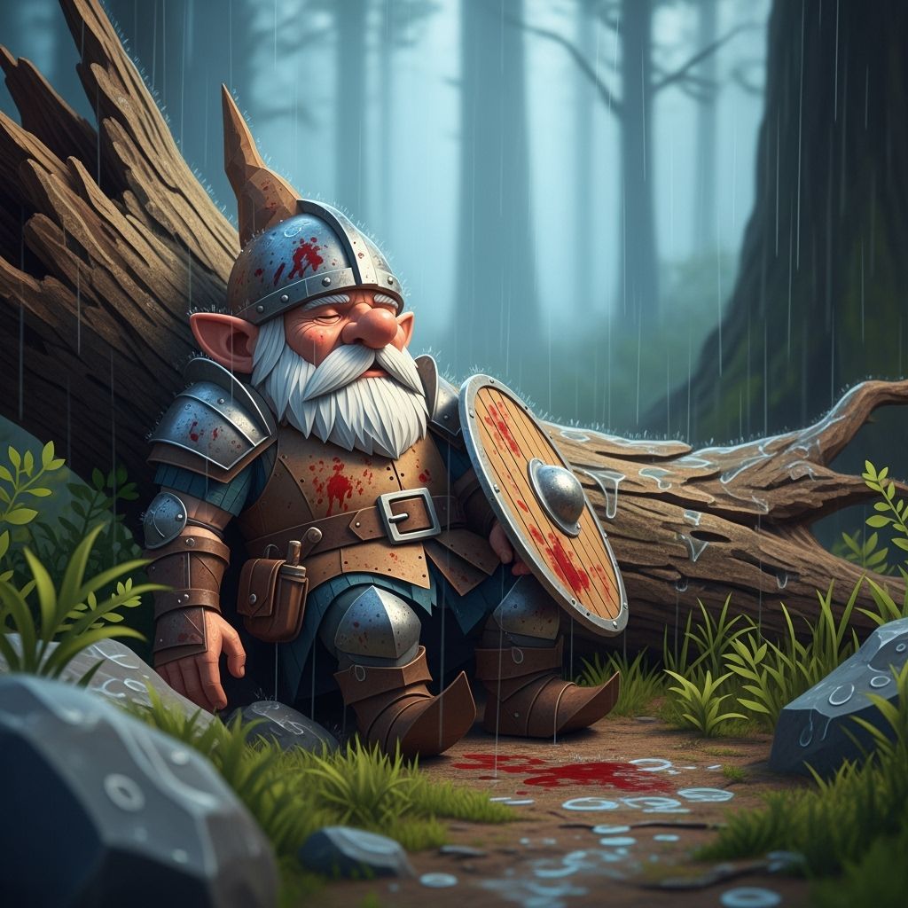 Gnome Warrior Rests in Rainy Forest, Origami Style