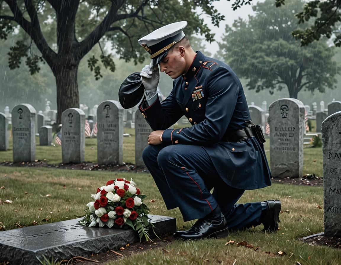 A U.S. Marine in Dress Blue Uniform kneeling at the gravestone marker of a fallen Marine, paying his respects