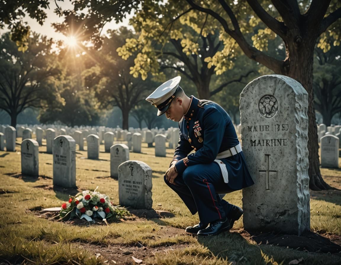 A U.S. Marine in Dress Blue Uniform kneeling at the gravestone marker of a fallen Marine, paying his respects