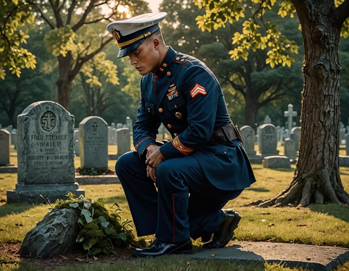 A U.S. Marine in Dress Blue Uniform kneeling at the gravestone marker of a fallen Marine, paying his respects