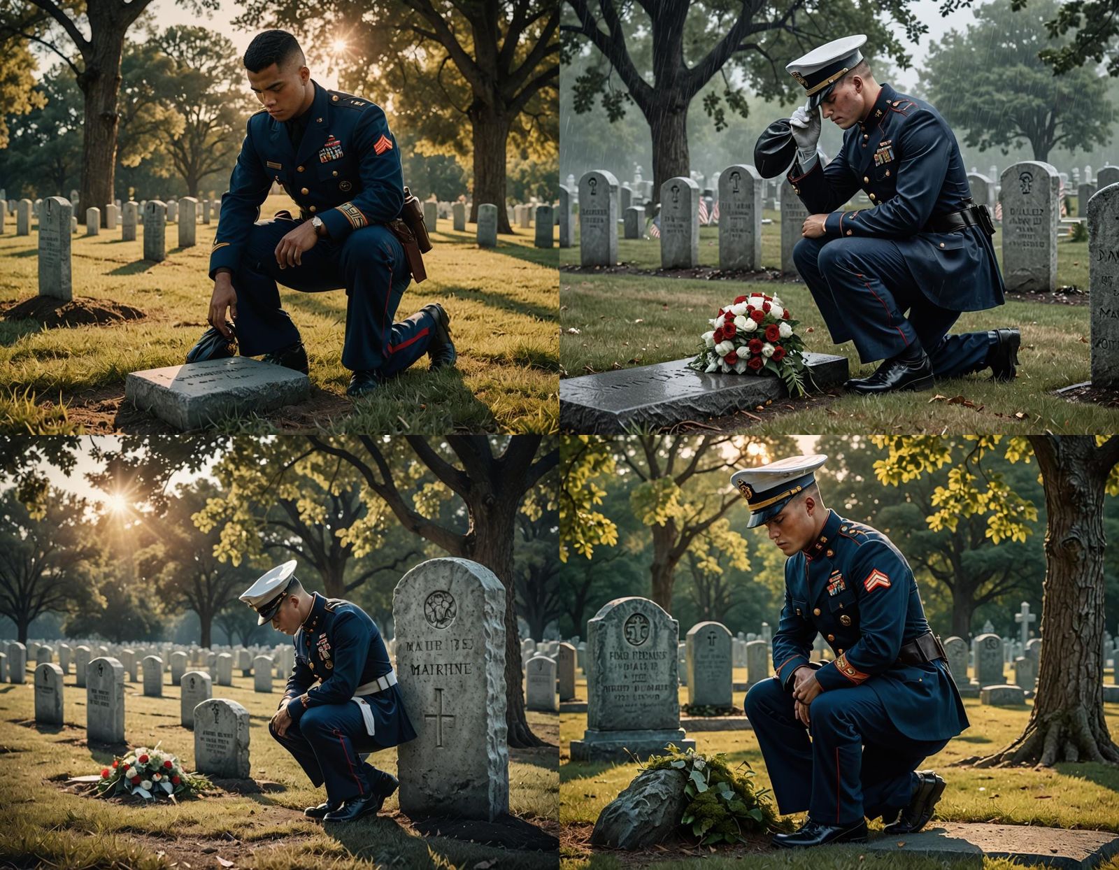 A U.S. Marine in Dress Blue Uniform kneeling at the gravestone marker of a fallen Marine, paying his respects