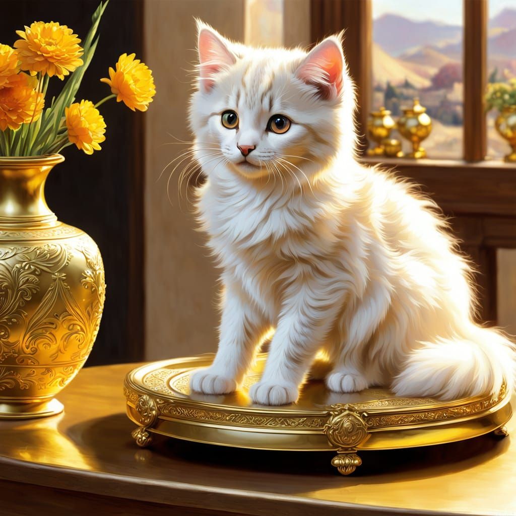 Surreal Golden Kitten Amidst Baroque Still Life
