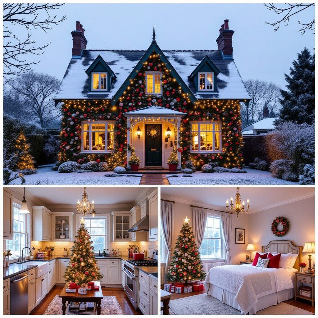 Festive Cottage with Christmas Lights & Botanical Charm