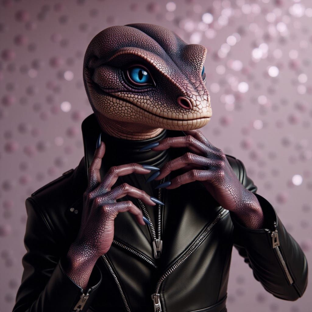 <lora:SRaC:1.0> medium shot portrait, cute male reptilian wearing a leather outfit and posing dramatically, sparkly back...