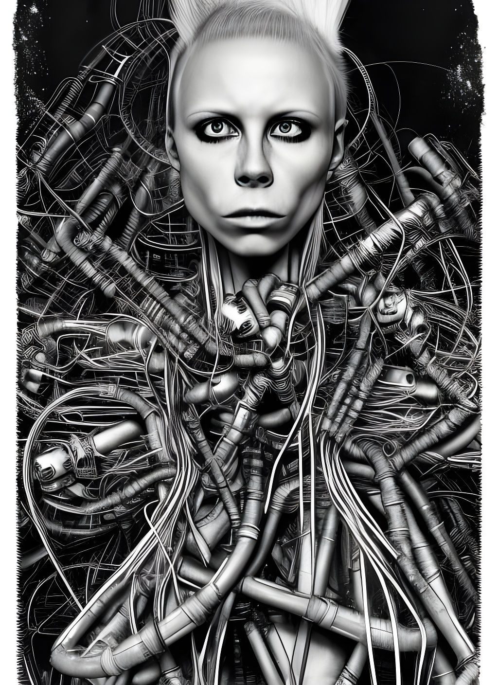 Cyborg Woman in Dystopian Wasteland: Copper Engraving Portra...