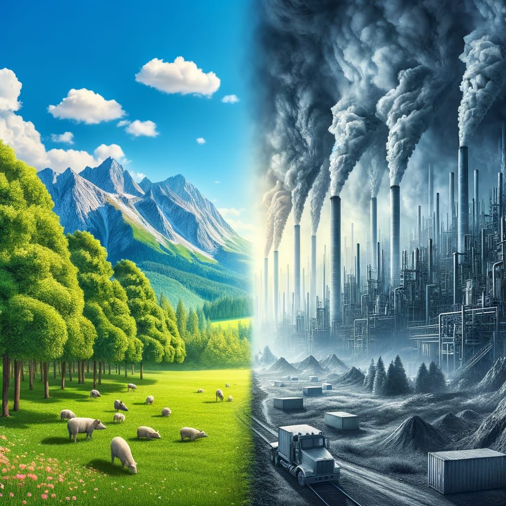 Idyllic Nature Versus Industrial Pollution Landscape