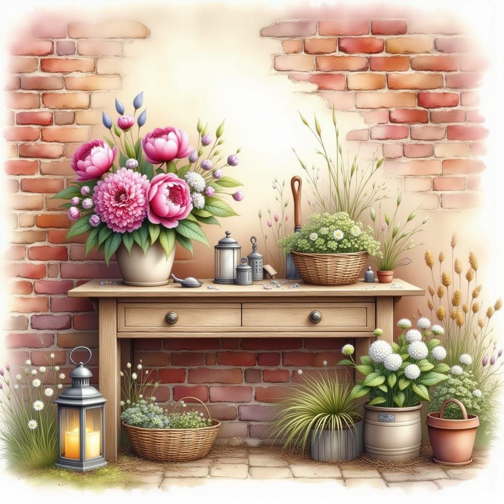 Watercolor Garden Table with Flowers and Tools