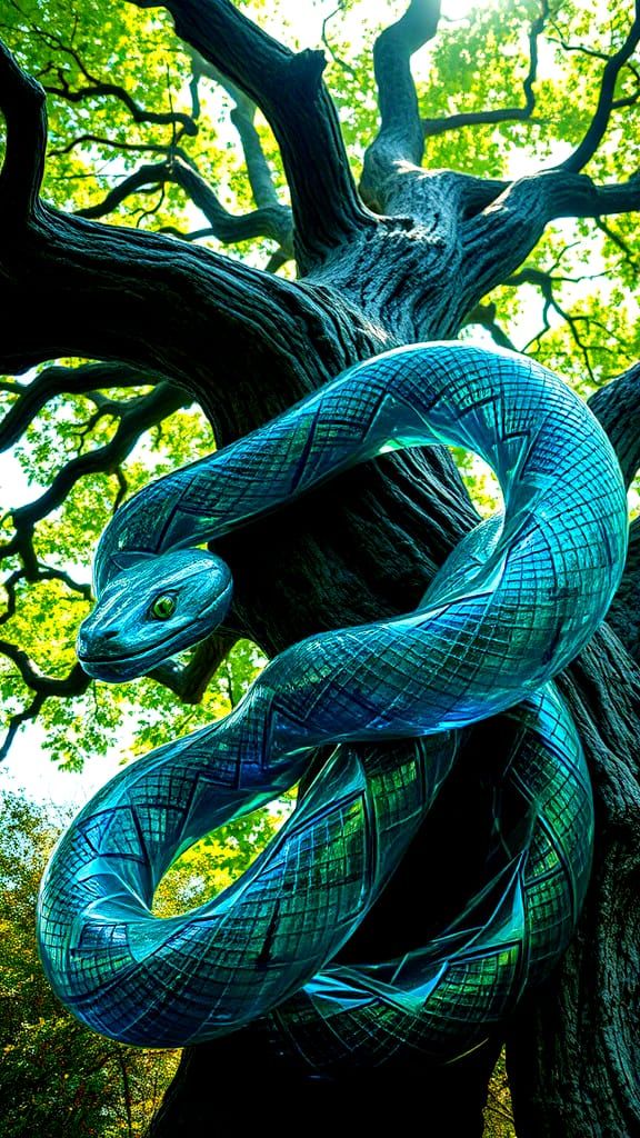 Glass Snake Climbing Tree Limb