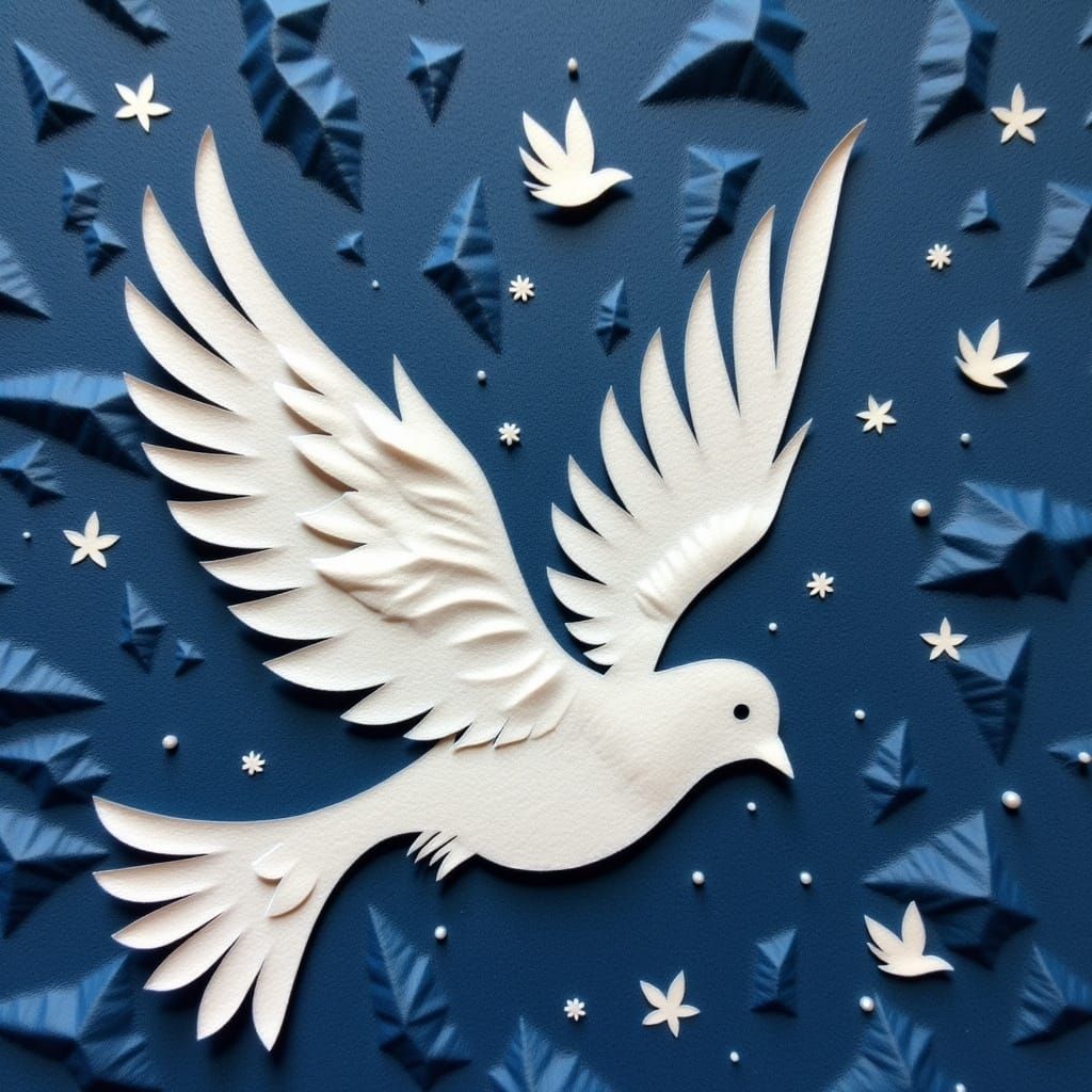Beautiful White Dove in Flight on Dark Blue Crepe Paper Back...