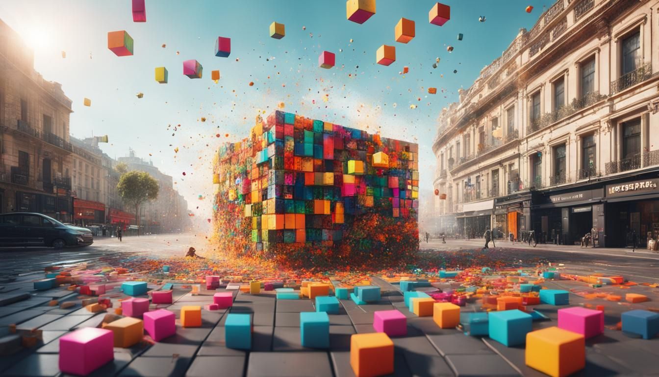 Neon Rubik's Cubes Explosion: Hyperrealistic Matte Painting