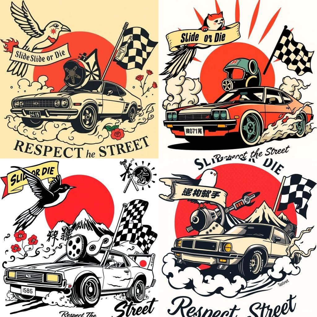 JDM Drift Scene in Sailor Jerry Tattoo Style
