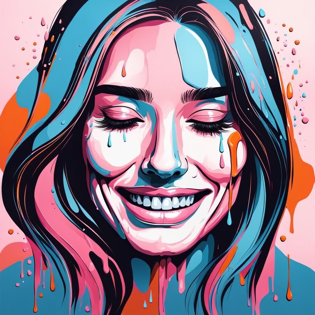 Smiling Girl Crying Tears in Abstract Style