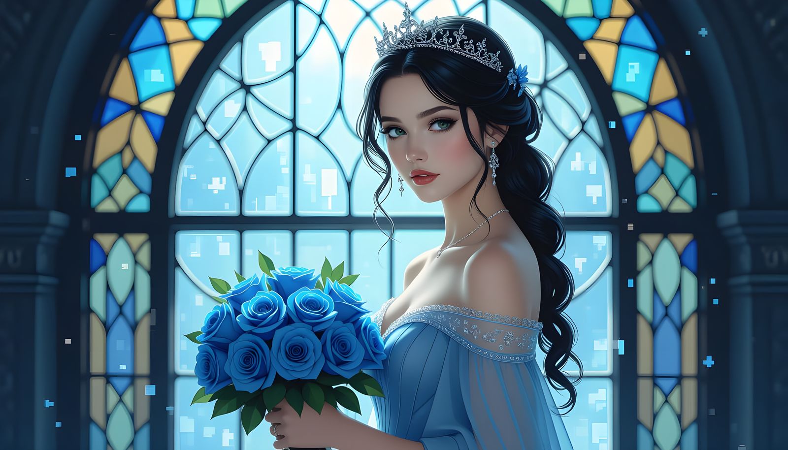 Gothic Portrait of Woman with Blue Roses