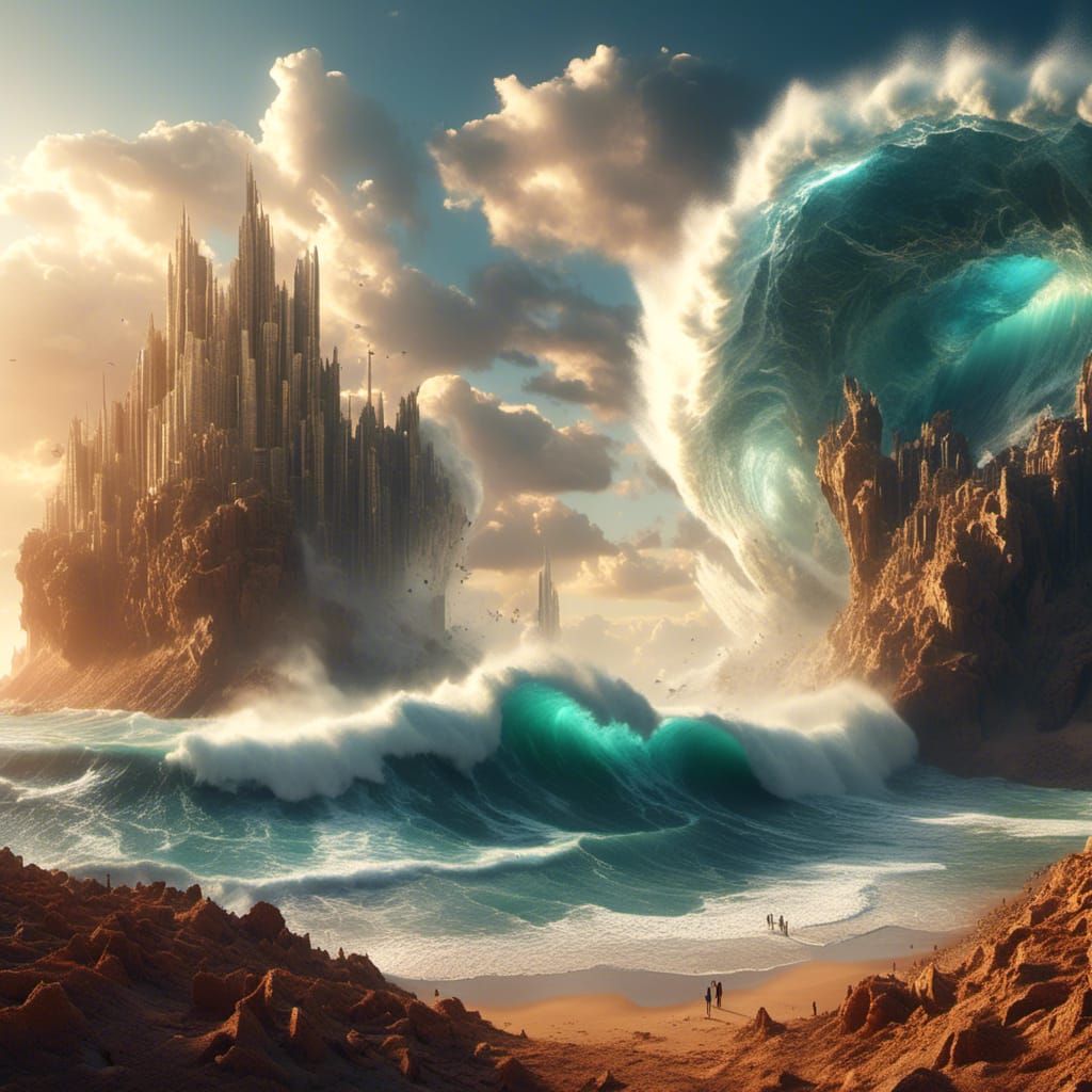 Ocean Waves Crash on Desert City Shore