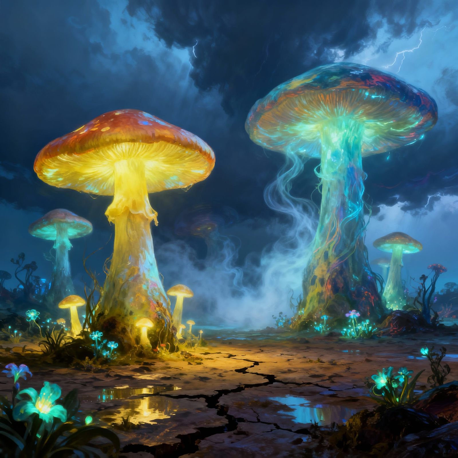 Giant Luminous Mushrooms Emerge in Psychedelic Alien Landsca...