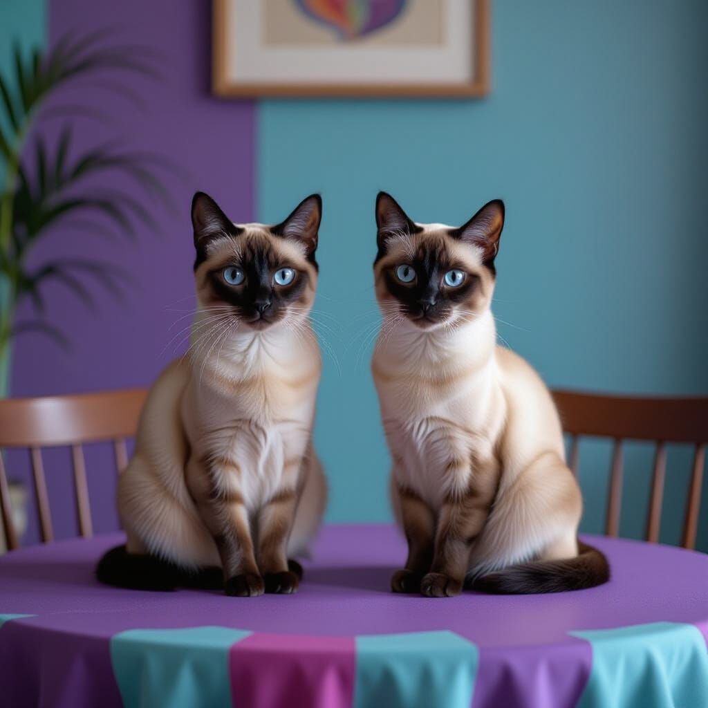 Two Siamese Cats in a Violet and Magenta Room