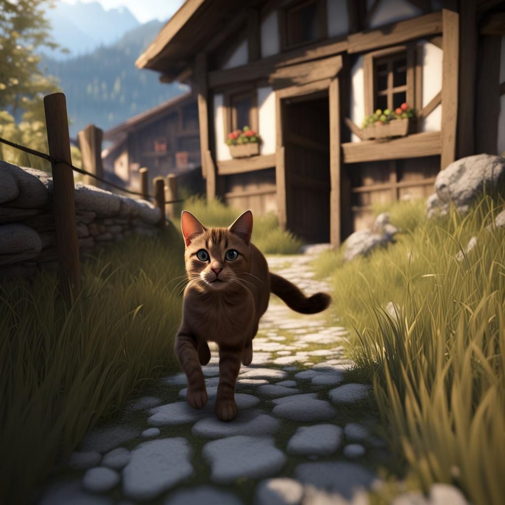 Small Brown Cat Runs in Swiss Alps Village