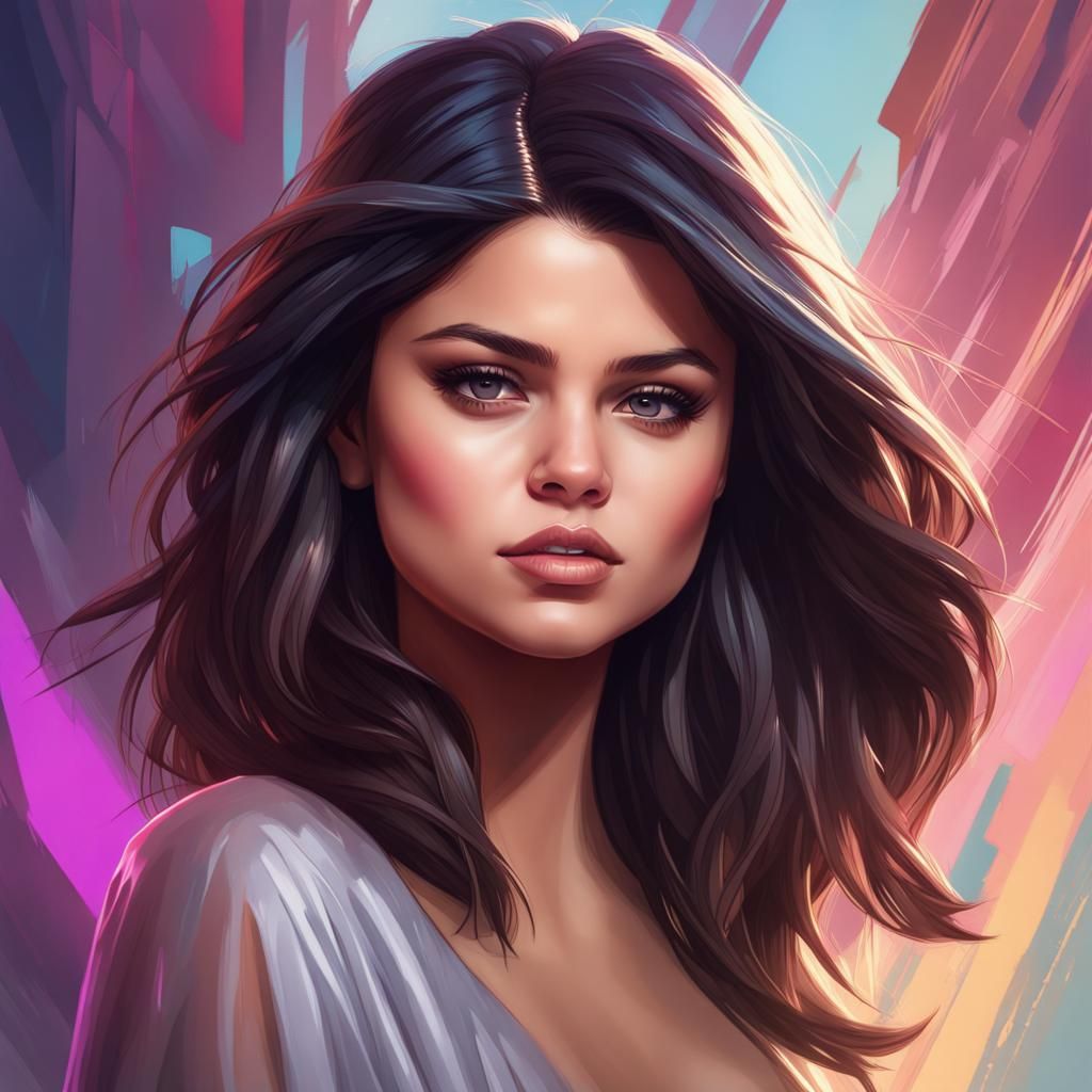 Selena Gomez Portrait in Hyperdetailed Splash Art Style