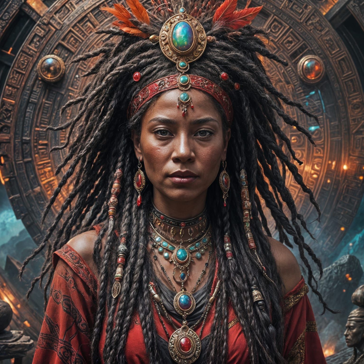 Native Priestess in Red Dress: Digital Matte Painting