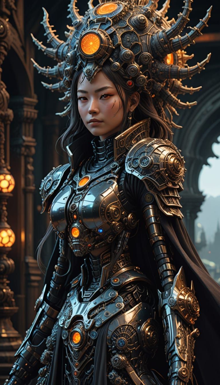 Cyborg Samurai Before Mandelbulb Structure in Digital Art