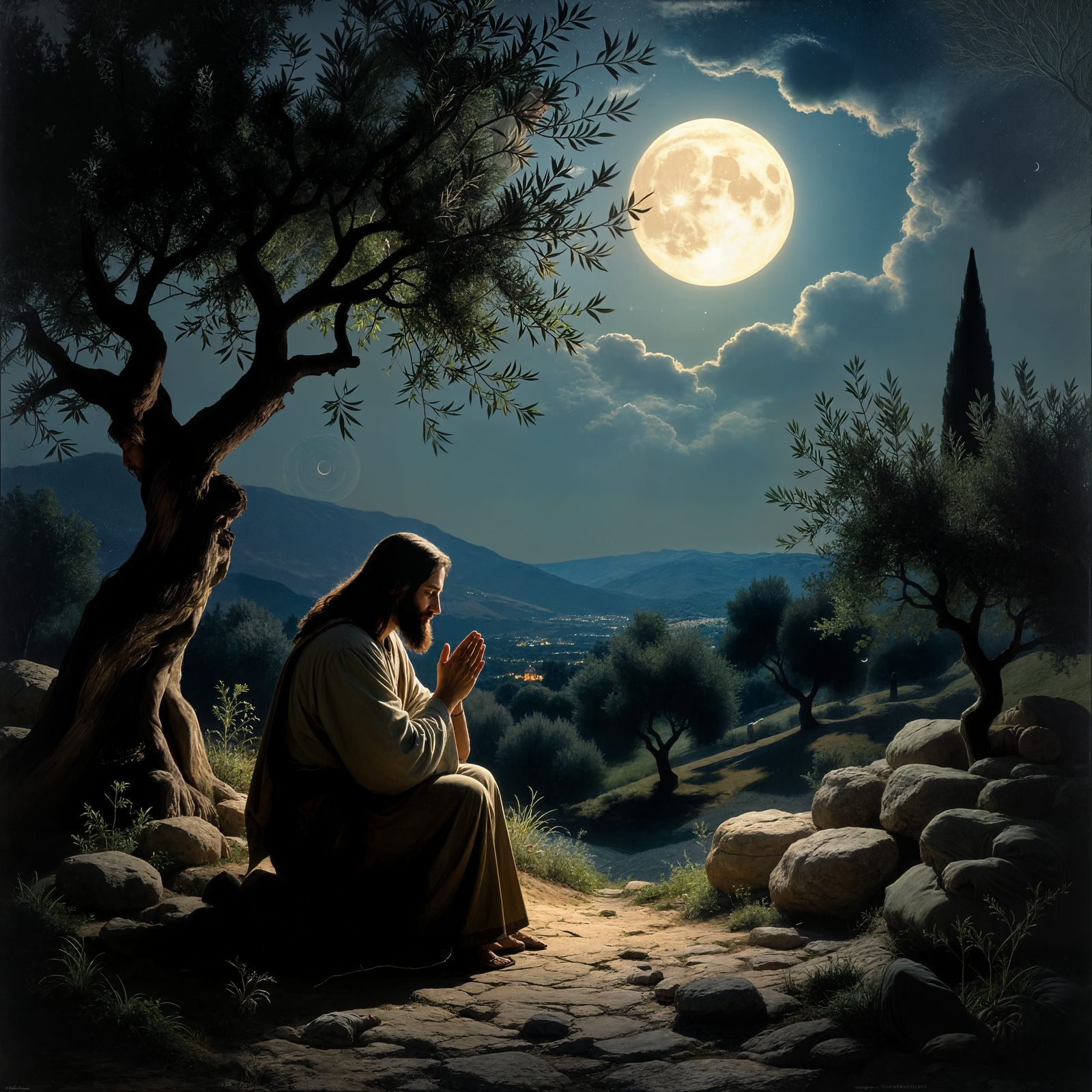 Jesus Praying in Gethsemane Under Pale Moonlight