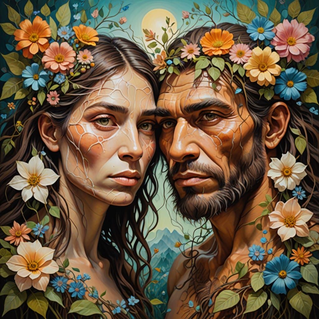 Surreal Oil Painting of a Mythical Forest Couple