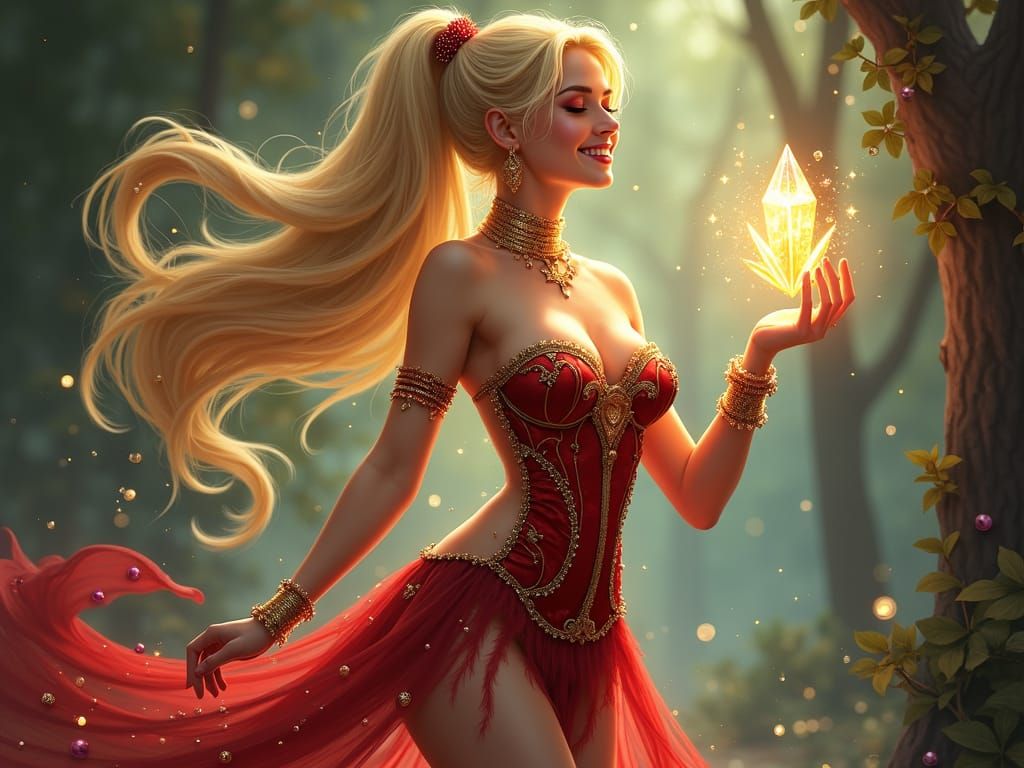 Enchanting Sorceress with Glowing Crystals, Art Nouveau Styl...