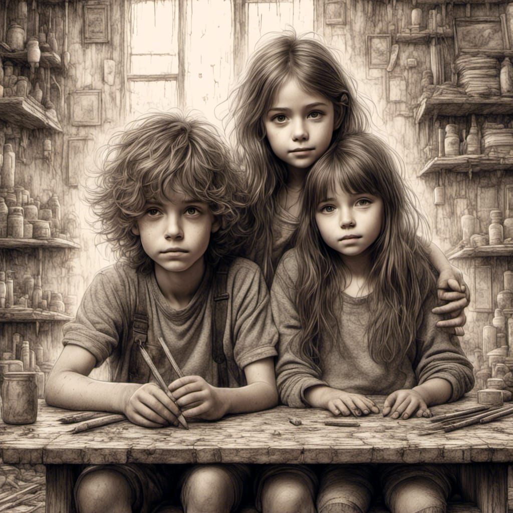 Hyperrealistic Drawing of Children on Giant Pencil