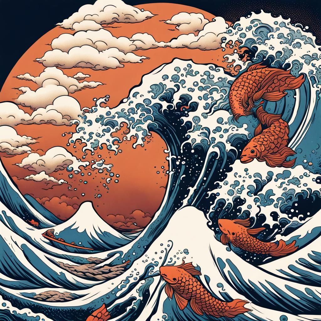 The Great Wave Off Koi Fish in Comic Book Style