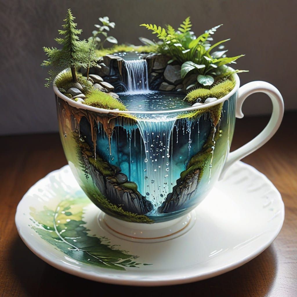Fairytale Waterfall Cascades Inside a Teacup as Watercolor A...