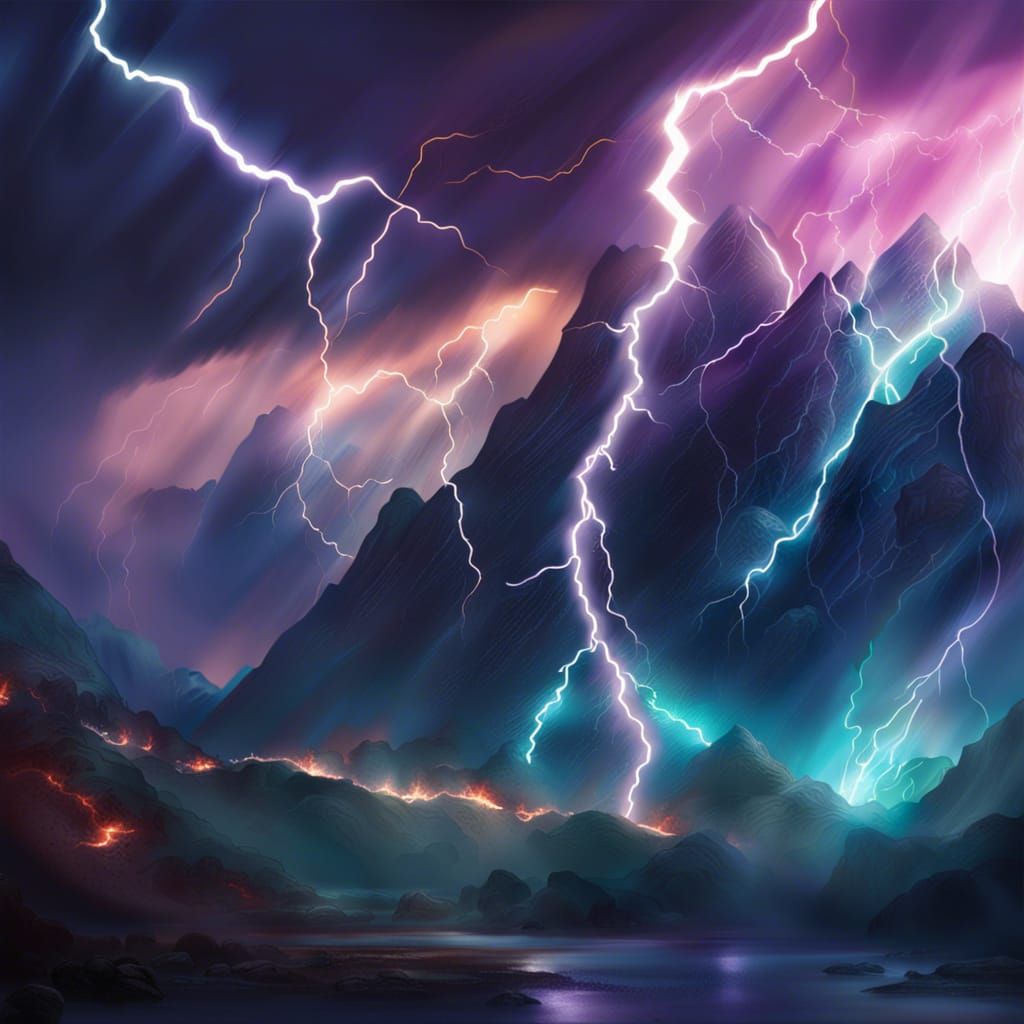 Hyperrealistic Mountains in Lightning Storm