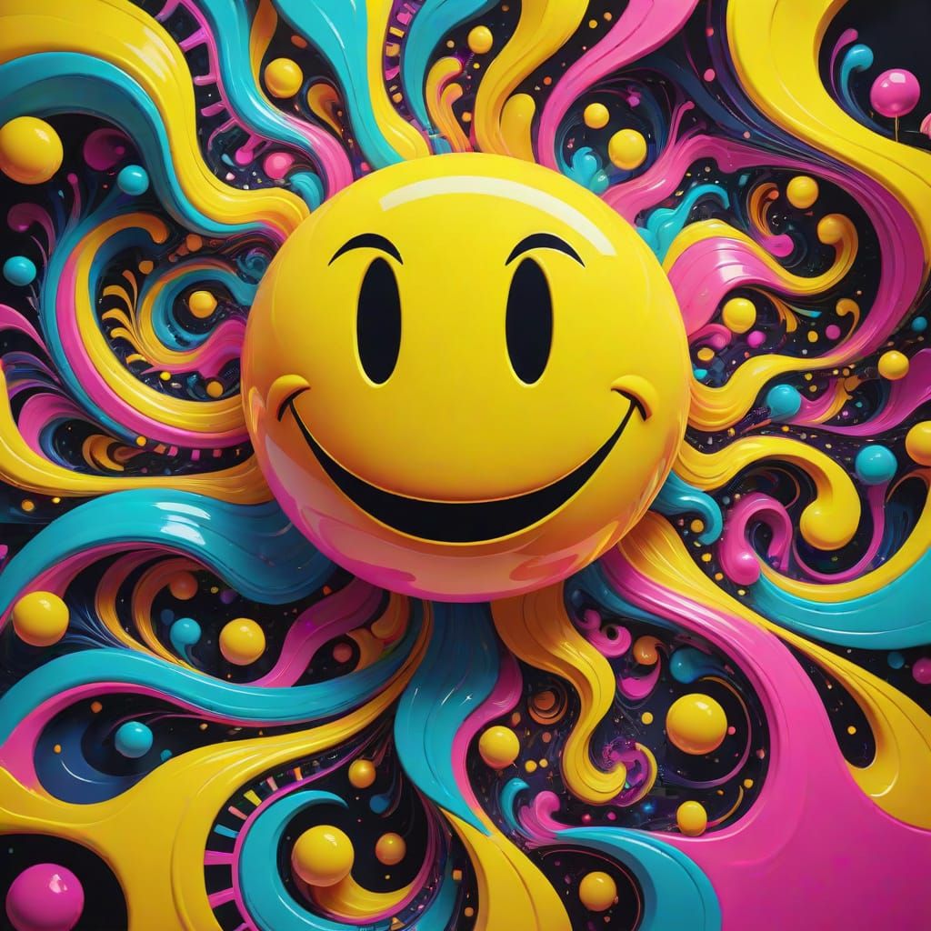 Vibrant Acid Smile Face in Swirling Psychedelic Patterns