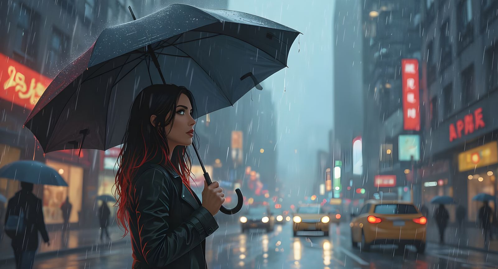 Latina Woman in Rainy Cityscape with Wraith, Hyperdetailed A...