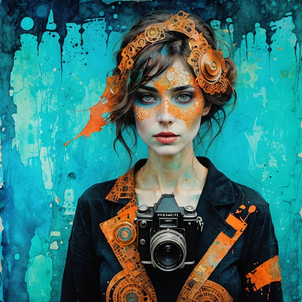 Abstract Surrealist Watercolour of Woman with Camera