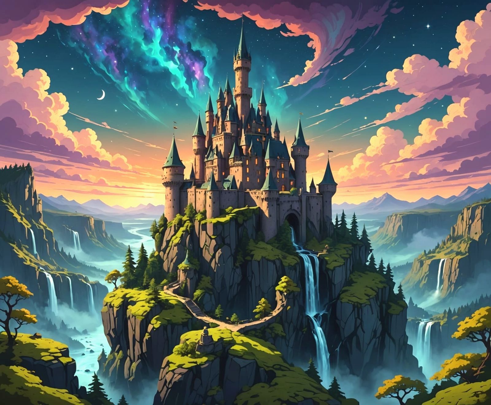Majestic Castle on Floating Lands with Nebulae Sky