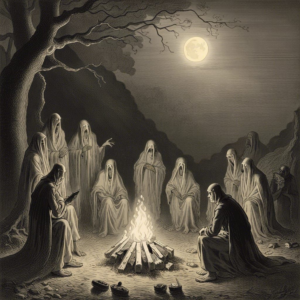 Ghosts Telling Stories Around Campfire, Horror Illustration