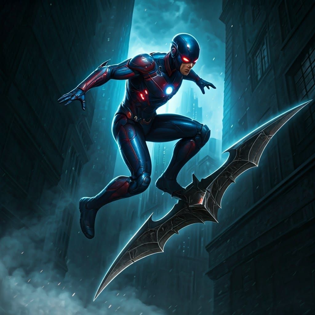 Ray Palmer the Atom riding a batarang that Batman threw.