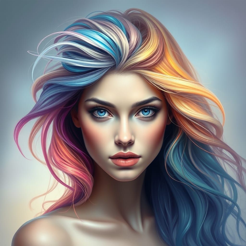 A surreal portrait of a woman whose hair transforms into a f...