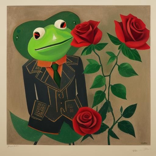 Red Rose and Anxious Frog in Cubist Style