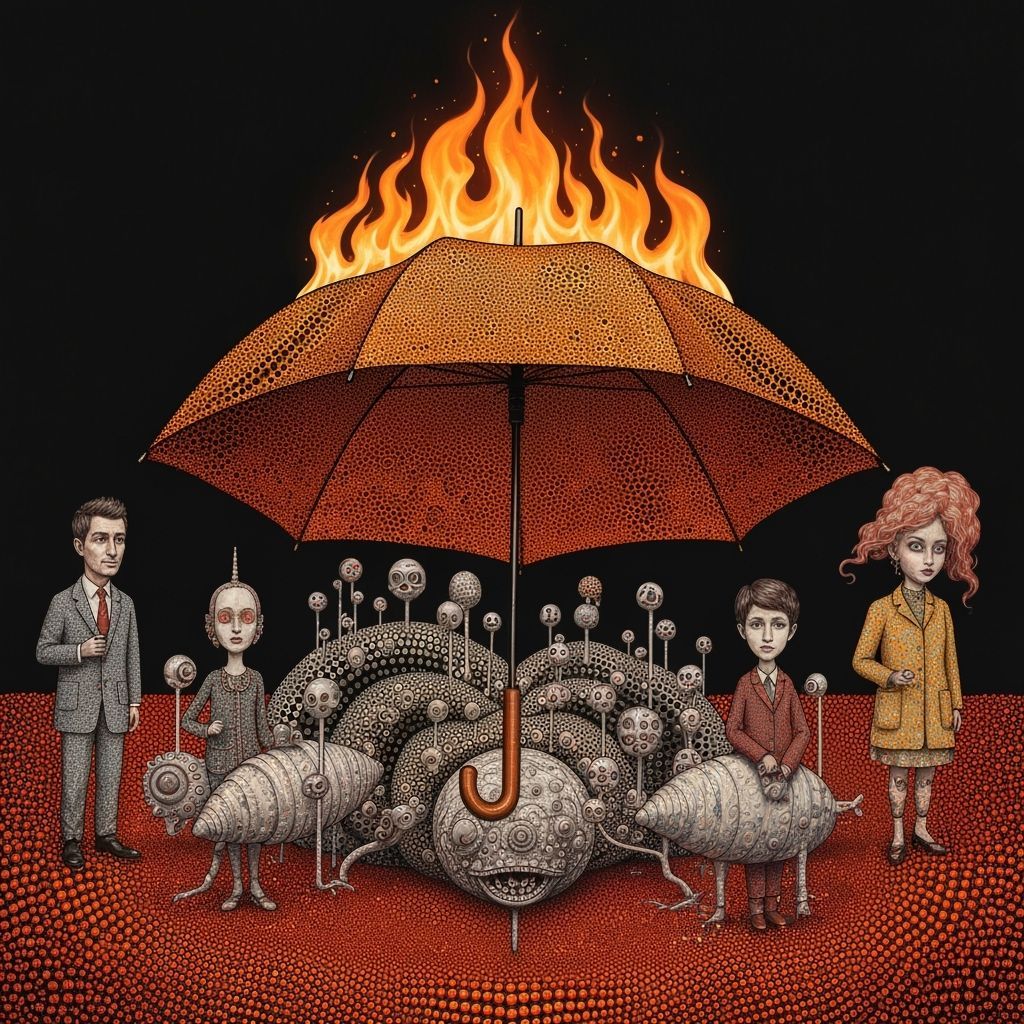 Surreal Artwork: Burning Umbrella in Complex, Enigmatic Styl...