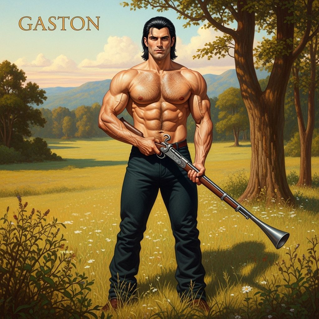Muscular Gaston with Rifle in Sunlit Meadow