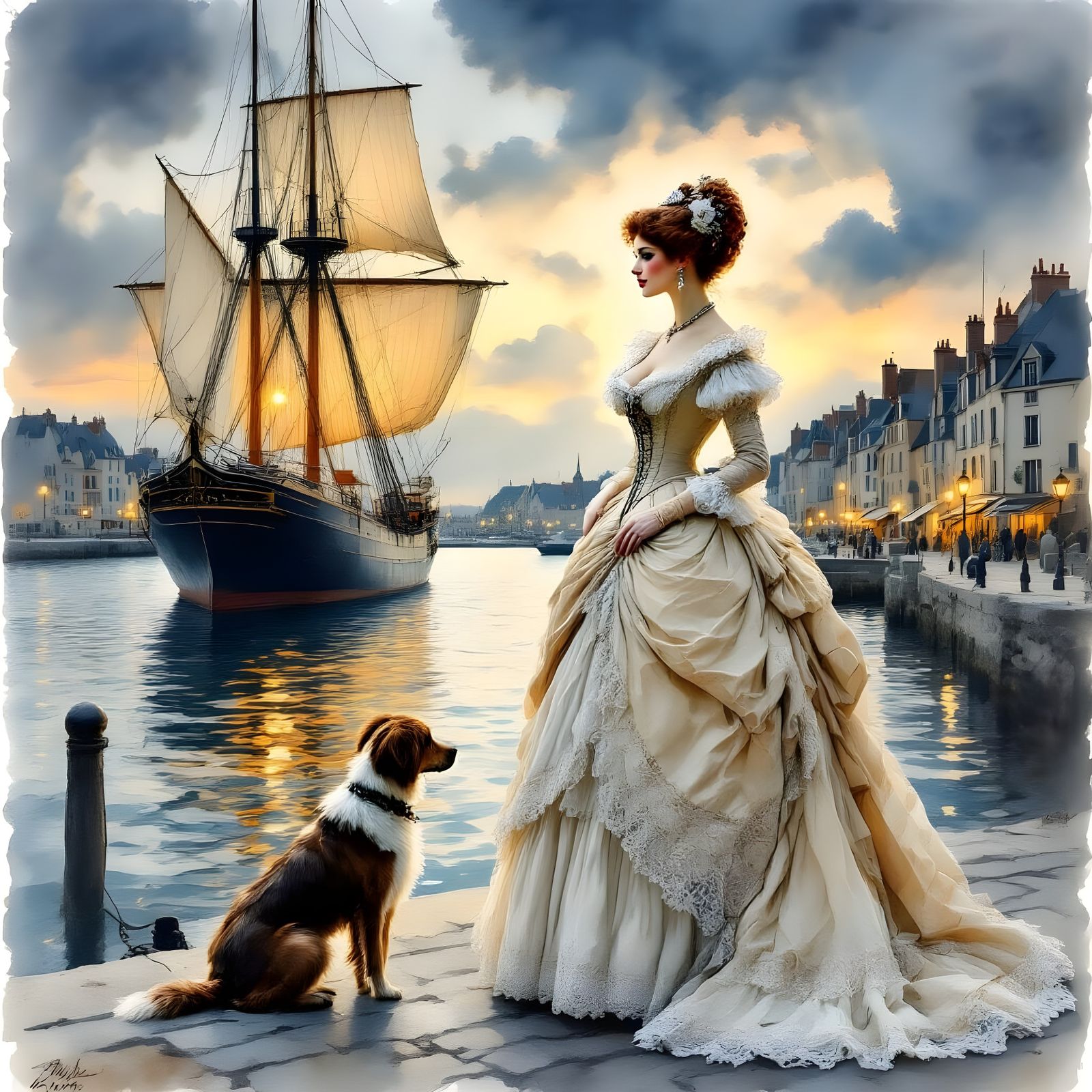 Woman and Dog on Quay in Impressionist Gouache Style