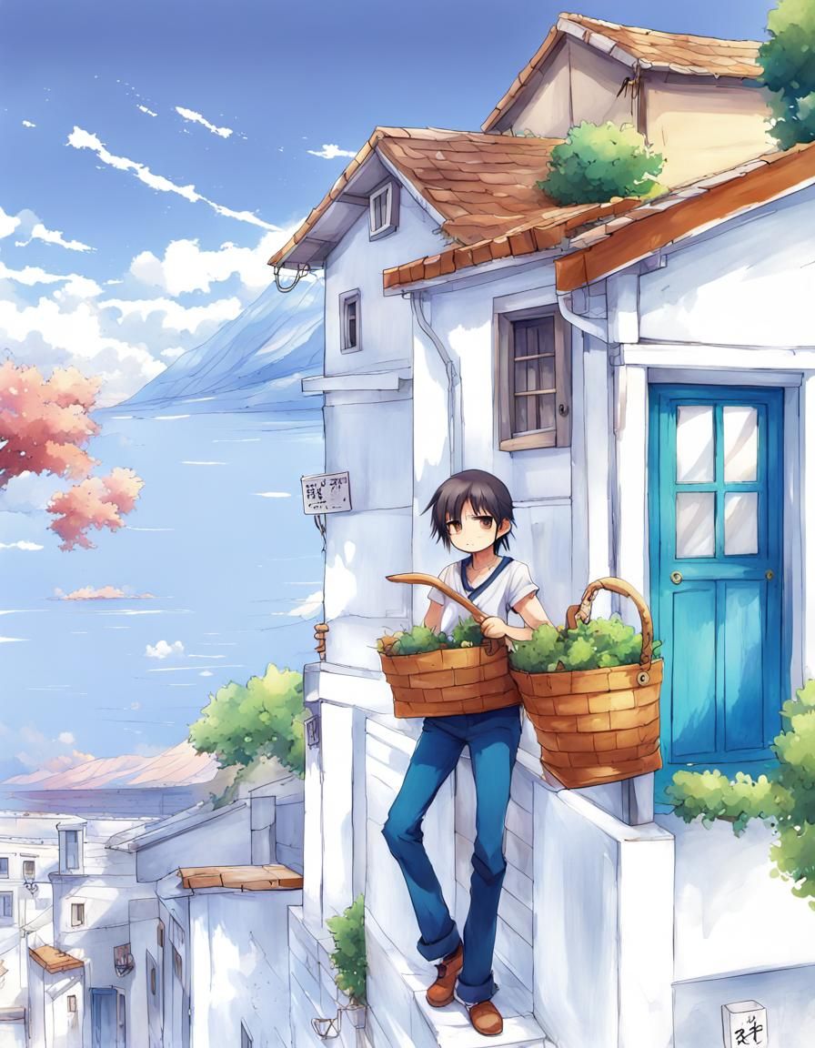 Greek Village Street in Anime Style