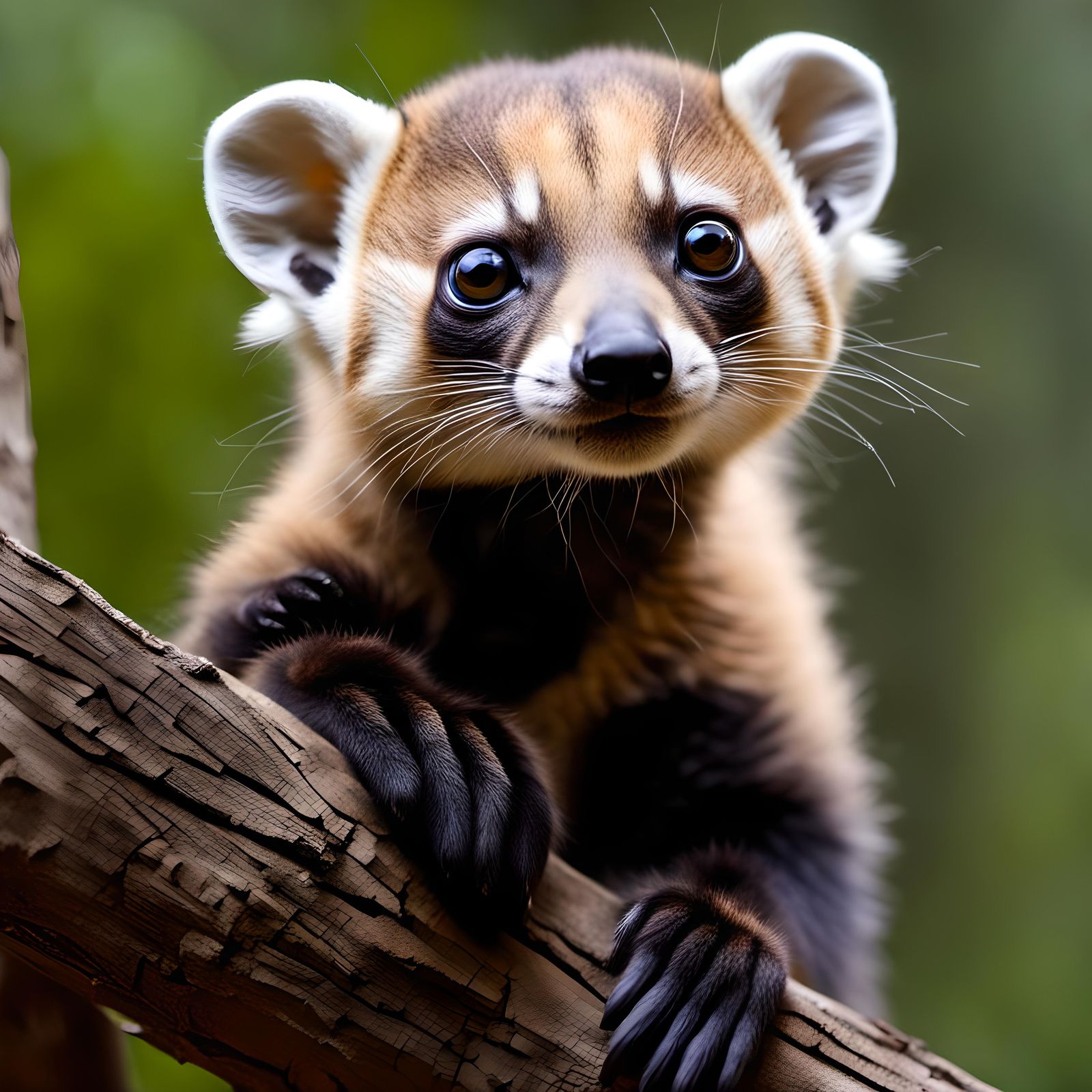 Cute Baby Coati with Big Eyes on Branch