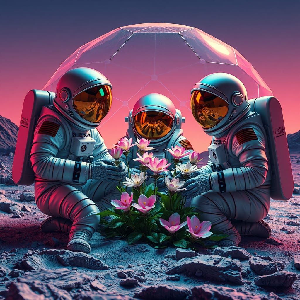 Astronauts Nurturing Flowers in Lunar Dome