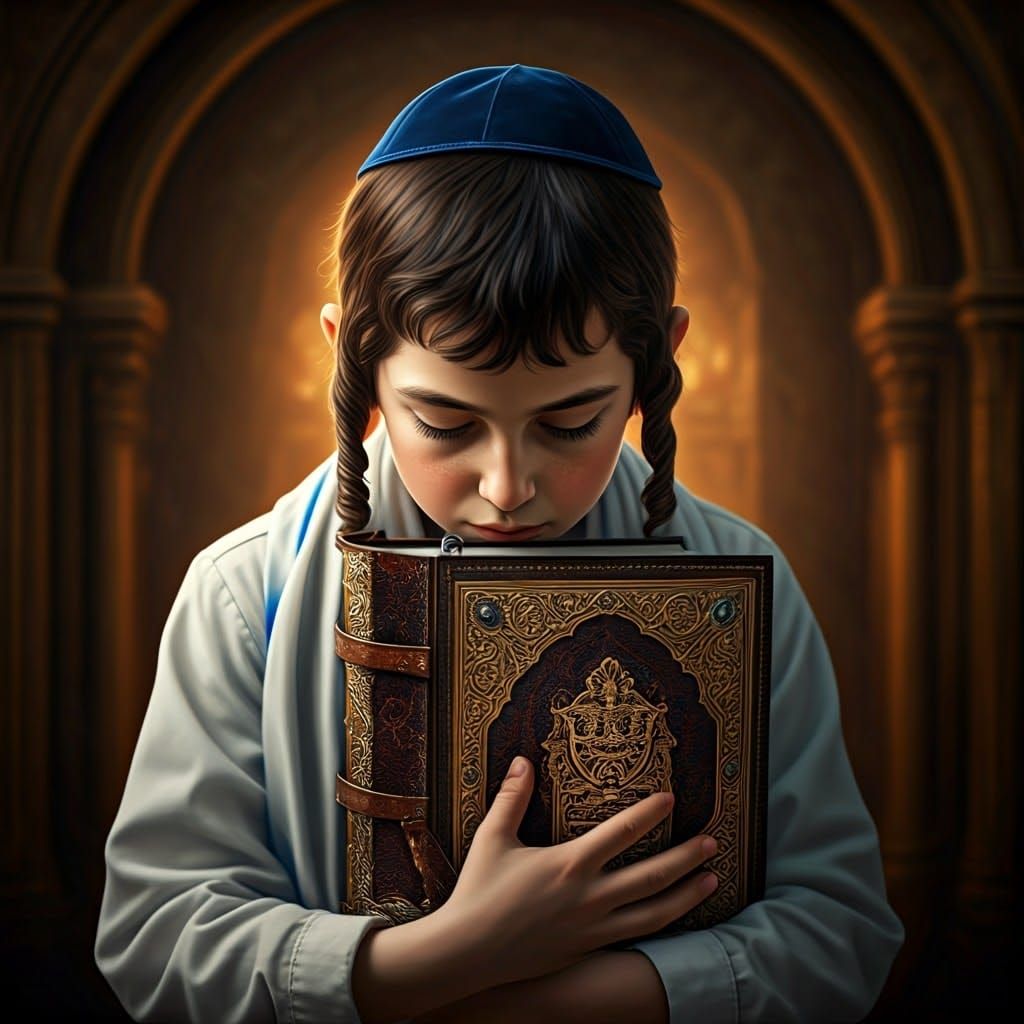 Young Orthodox Jewish Boy Holding Golden Torah with Velvet B...