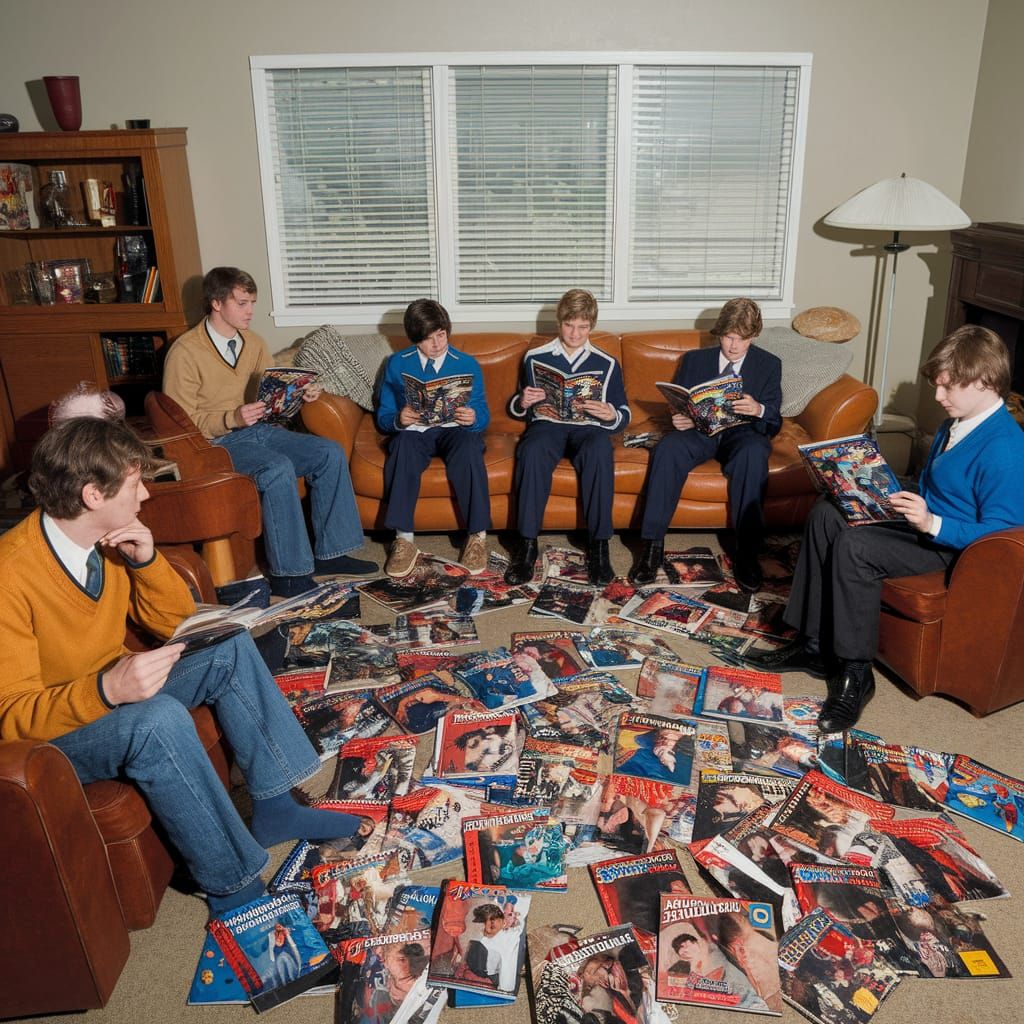 1970s Living Room Scene With Teenage Boys Reading Comics