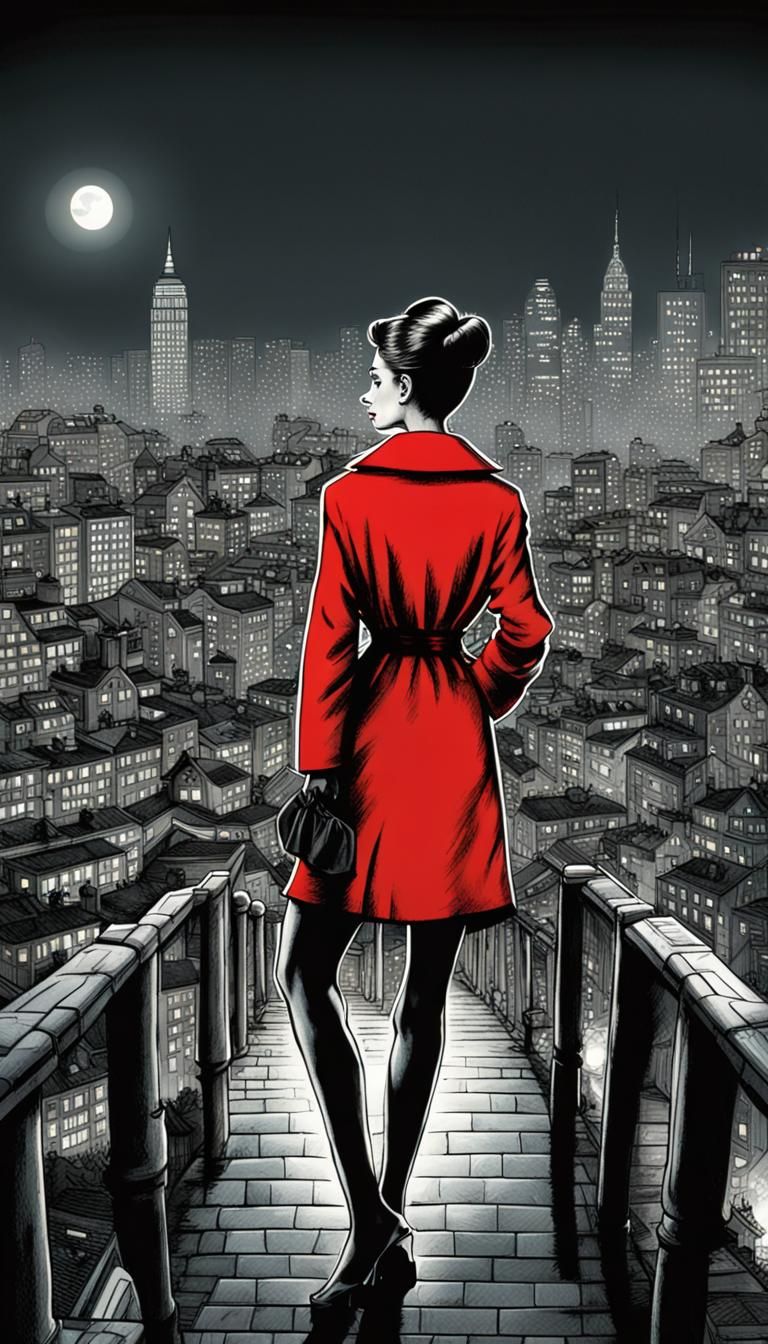 Illustration by Herge of a city at night where a Audrey Hepburn wears a red coat, city skyline, beautiful shading, black...