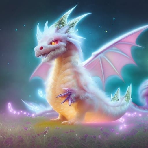Cute Fluffy Dragon with Luminous Flowers in 3D