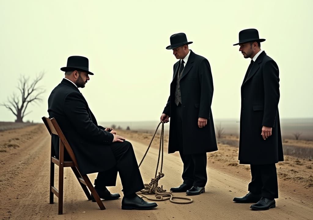 Four Men in Somber Attire on Barren Landscape